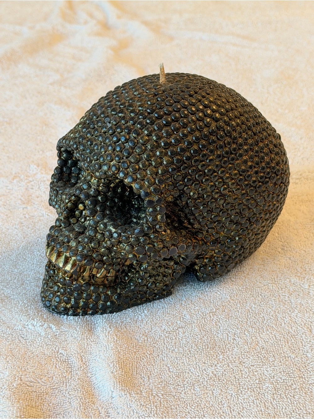 Beaded Skull Candle in Black and Gold